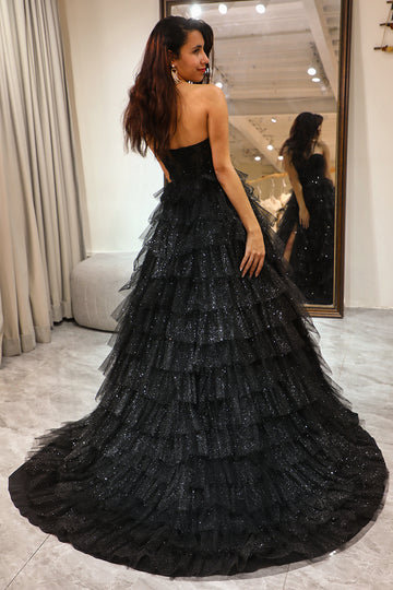 Black Sparkly Strapless Tiered Prom Dress with Slit
